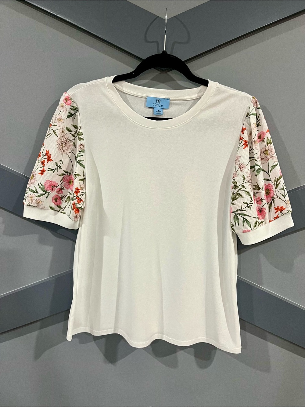CeCe White Tee with Pink Floral Puff Sleeves